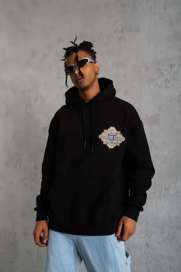 Men's Black Oversize 3-Thread Cotton Hooded Printed Sweatshirt with Pockets 4