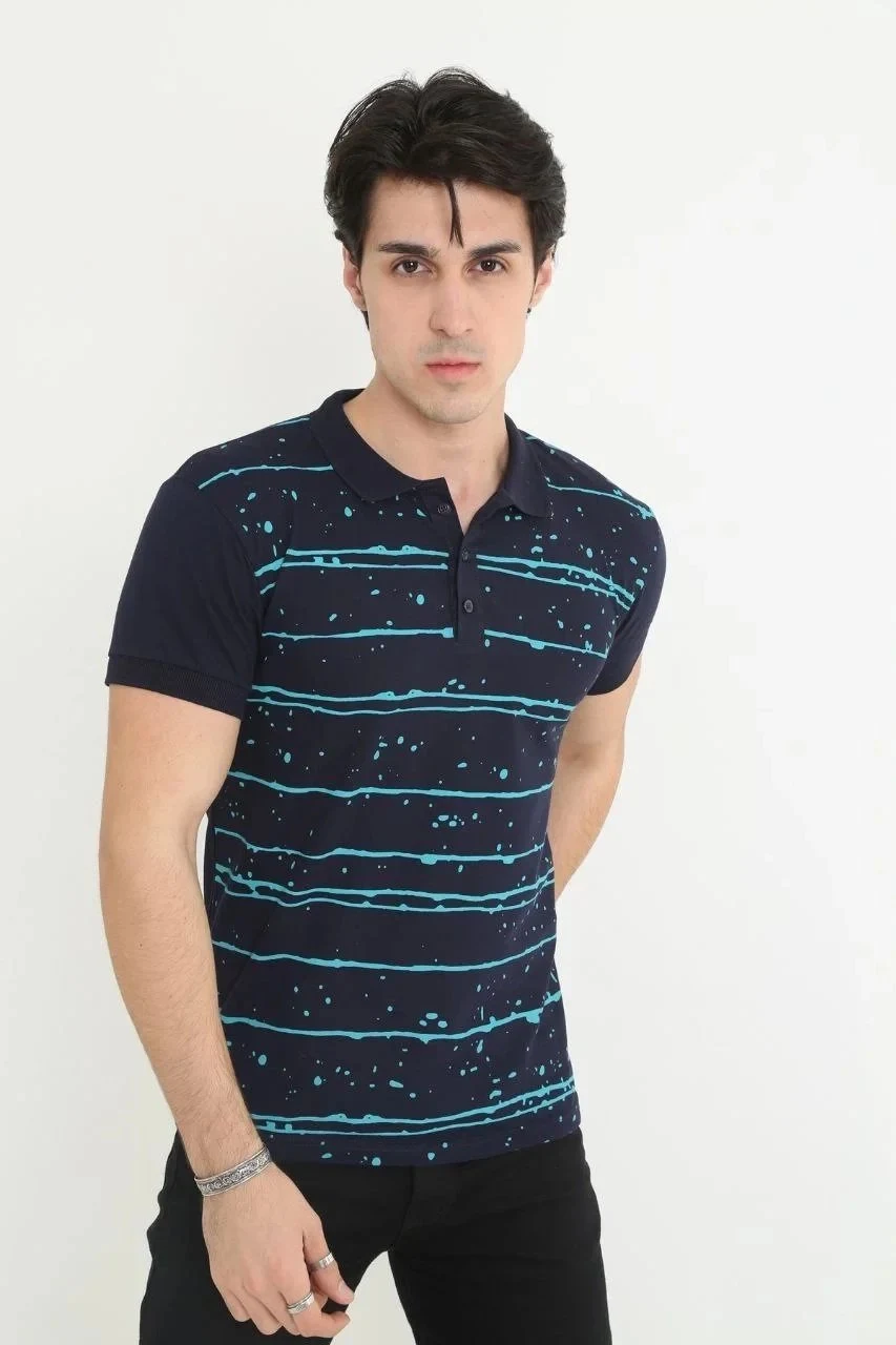 Férfi Sötétkék Slim Fit Pike Csíkos Rövid Ujjú Polo Póló