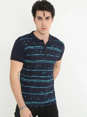 Férfi Sötétkék Slim Fit Pike Csíkos Rövid Ujjú Polo Póló