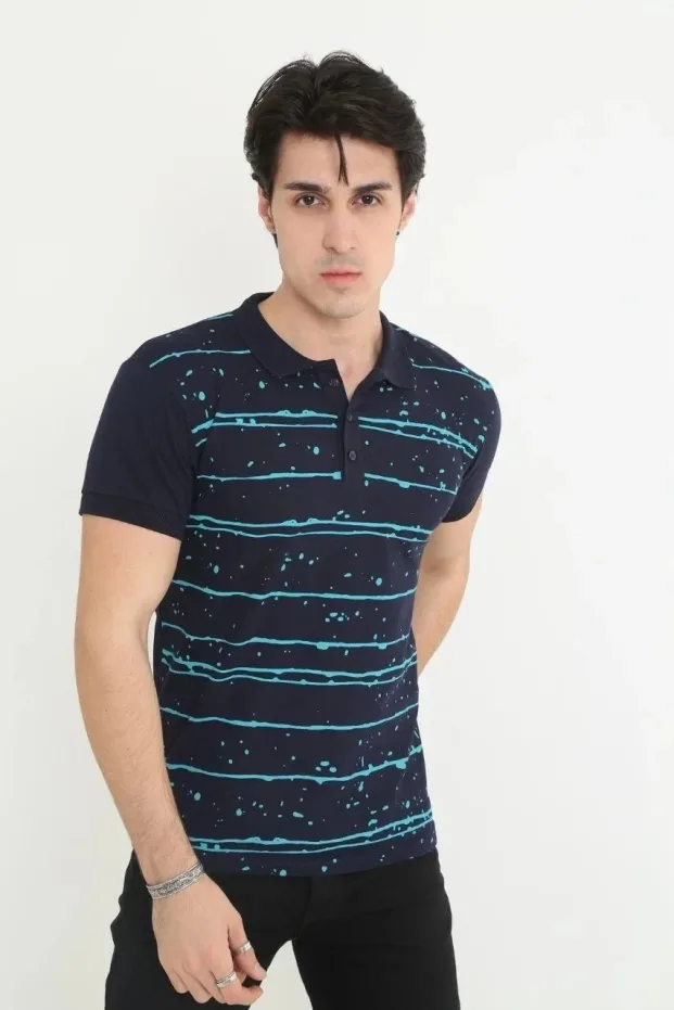 Muški Tamnoplavi Slim Fit Pike Prugasti Kratki Rukav Polo Majica 1