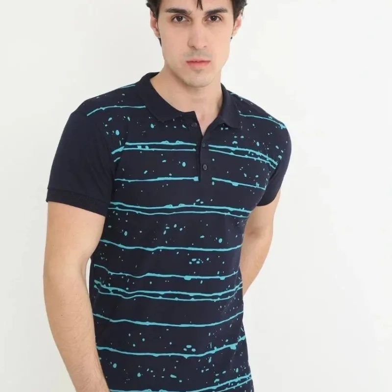 Pánské tmavě modré slim fit polo tričko s piké pruhy, krátký rukáv