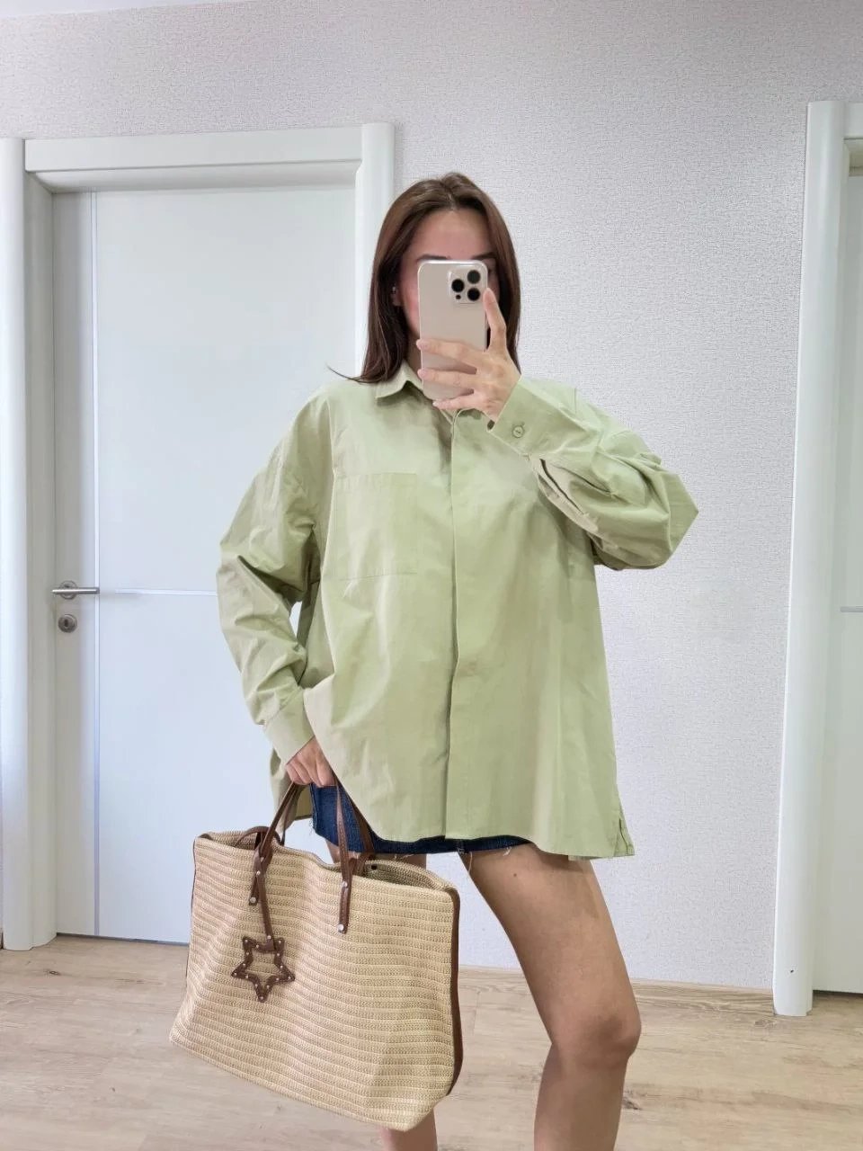 Ženska Zelena Poplin Kragna Bočni Prorez Zadnji Štrih Detalj Košulja 4