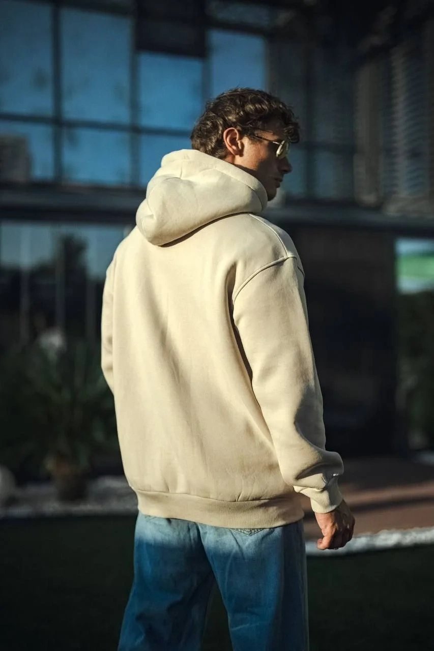 Férfi Bézs 3 Szálas Pamut Kapucnis Basic Sweatshirt 2