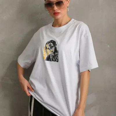 Γυναικείο Λευκό Oversize Στρογγυλό Λαιμό Τυπωμένο T-Shirt 6