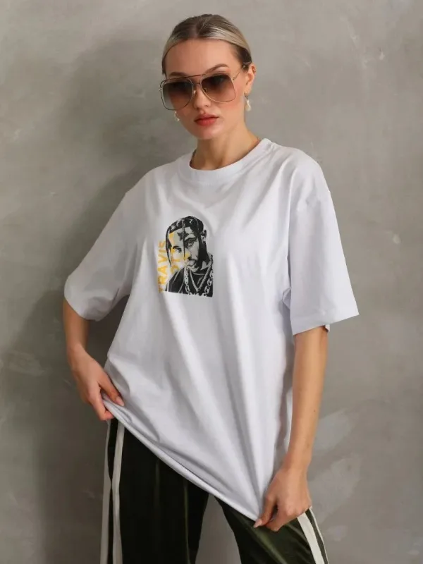 Γυναικείο Λευκό Oversize Στρογγυλό Λαιμό Τυπωμένο T-Shirt 6