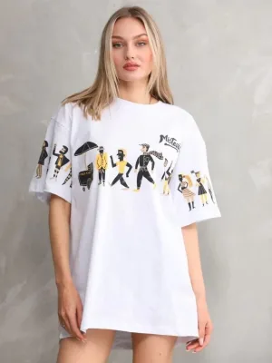 Női Fehér Oversize Kerékpárnyakú Mintás Póló