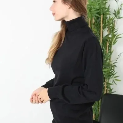 Ženski crni puni vrat ribarska kragna dugi rukav ravni triko džemper 2