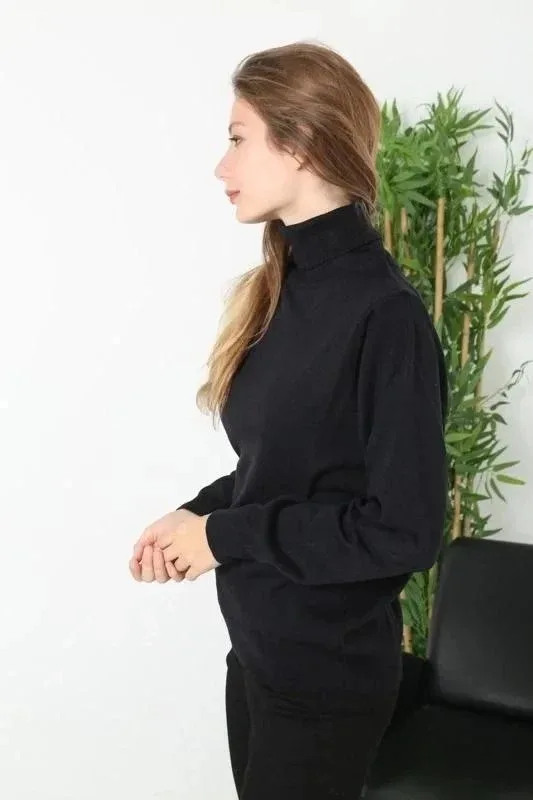 Women Black Turtleneck Long Sleeve Plain Knit Sweater 2