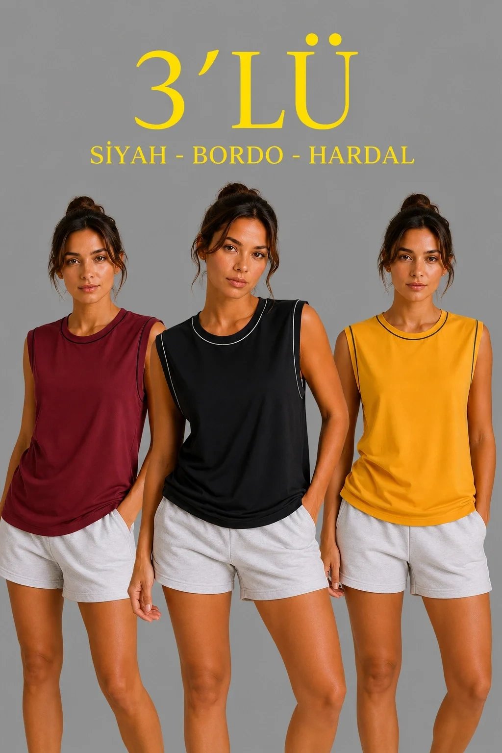 Kadın 3'lü Set Kolsuz Bisiklet Yaka Sporcu Atlet