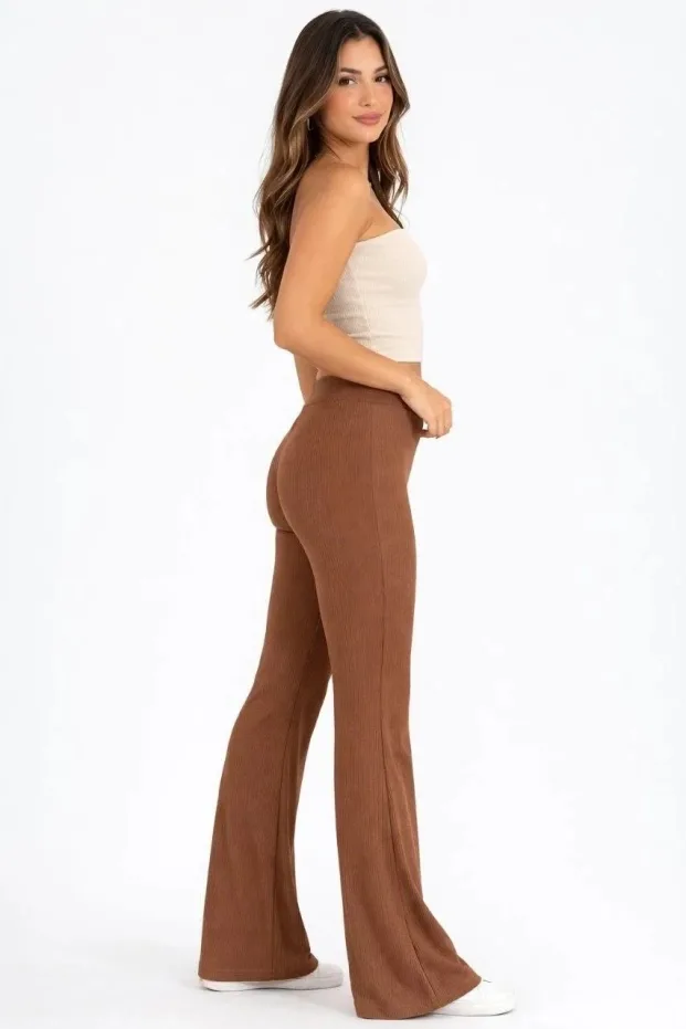 Női barna magas derekú bordázott spanyol nadrág leggings 1