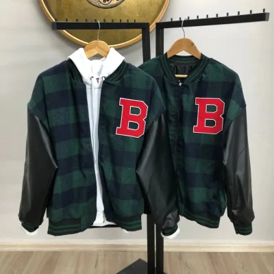 Men's Khaki Gingham Pattern Embroidered College Jacket 3