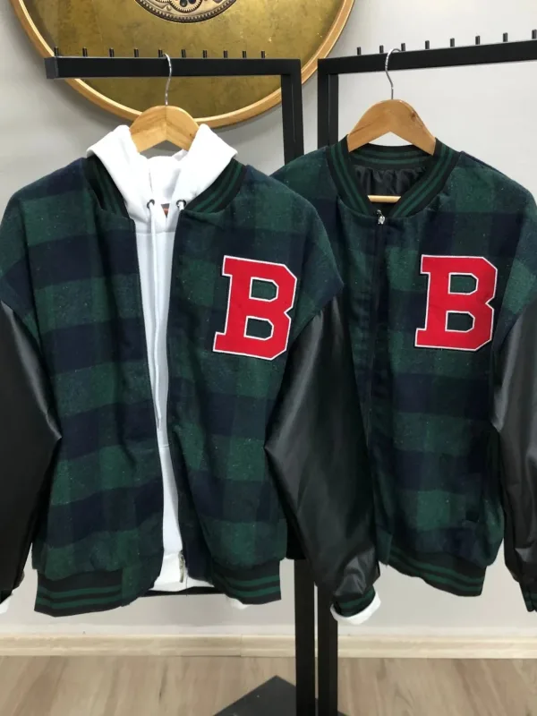 Men's Khaki Gingham Pattern Embroidered College Jacket 3