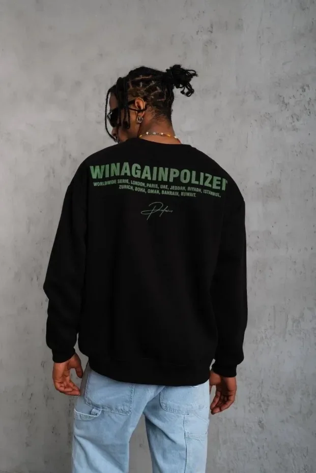 Men's Black Oversize Crew Neck 3-Thread Cotton Printed Sweatshirt 1