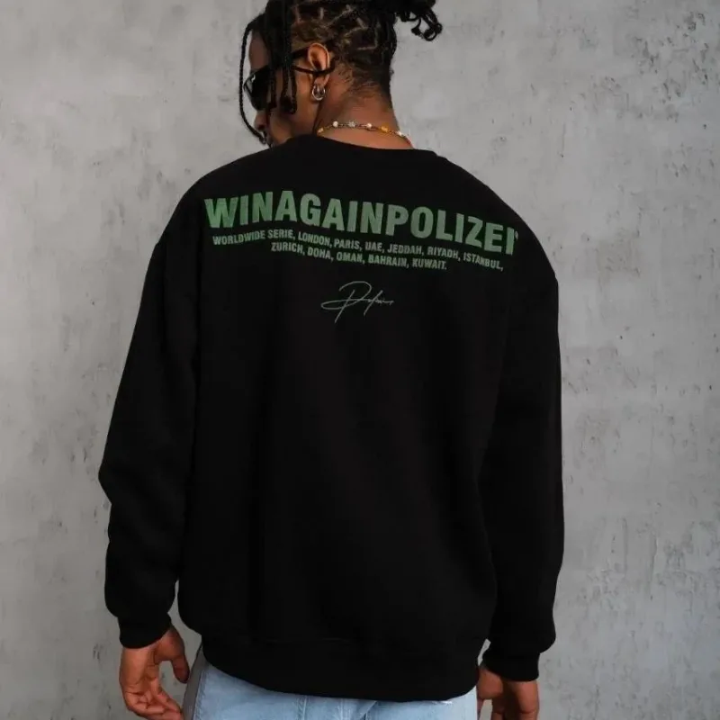 Машки црн Oversize дукс со V-деколте 3-нишки памучен печатен