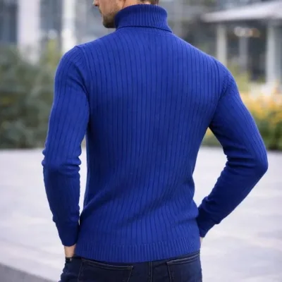 Pánský indigo regular fit silný žebrovaný rybářský výstřih triko svetr 2