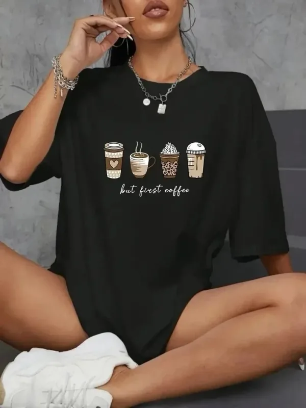 Женски црн oversize велосипед јака кафе дезен печатење маица 1