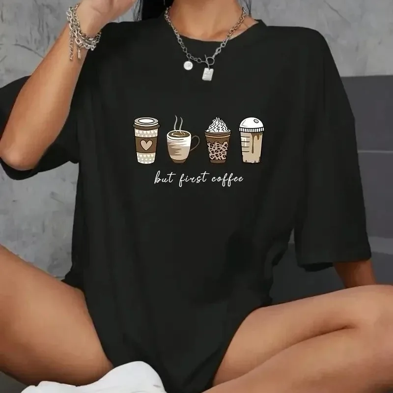 Ženska Crna Oversize Bicikli Kragna Kafa Dezen Print Majica