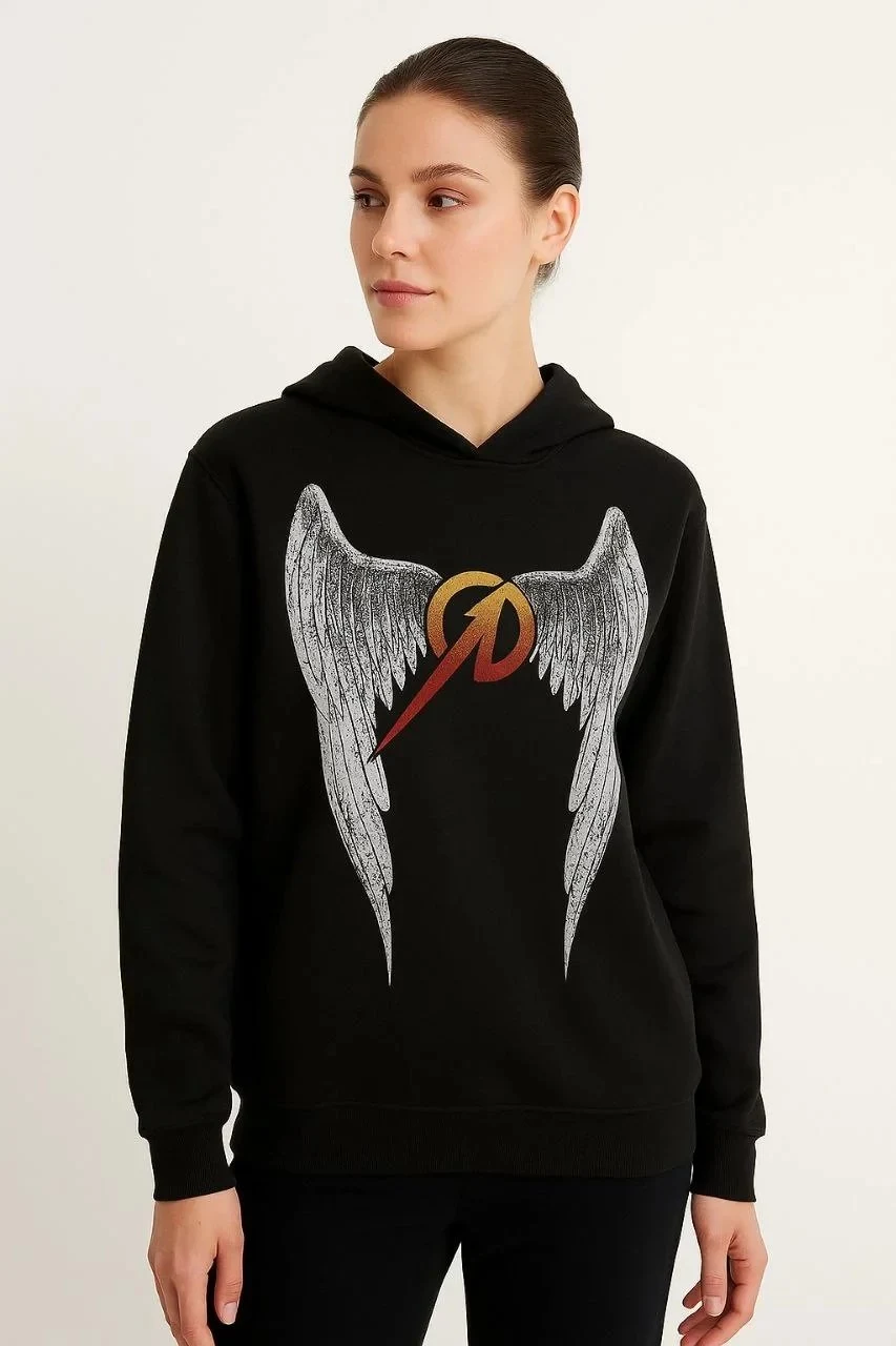 Męski Czarny Oversize Kaptur Przód Tył Nadruk Sweatshirt