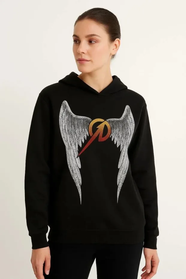 Erkek Siyah Oversize Kapüşonlu Ön Arka Baskılı Sweatshirt 1