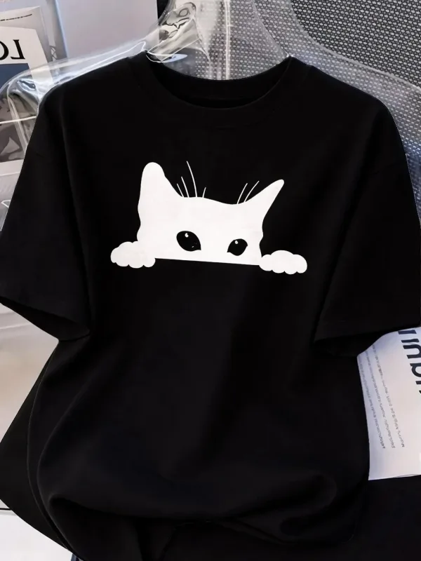 Női Fekete Oversize Macska Mintás Légáteresztő Póló 1