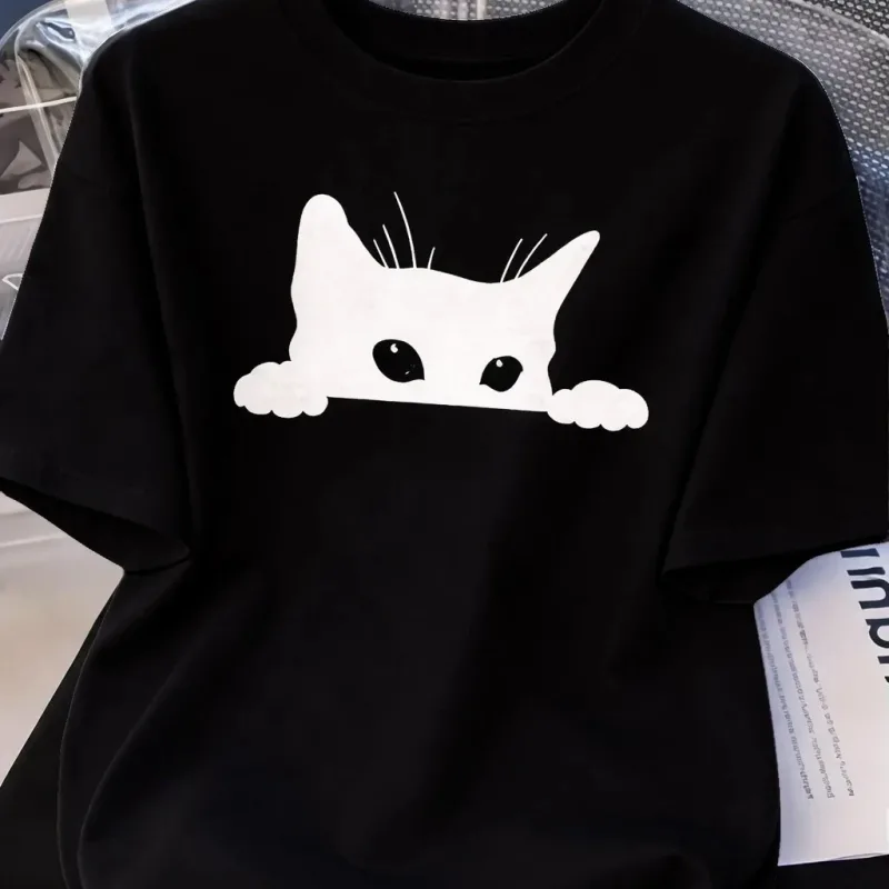 Women's Black Oversize Cat Print Breathable T-Shirt