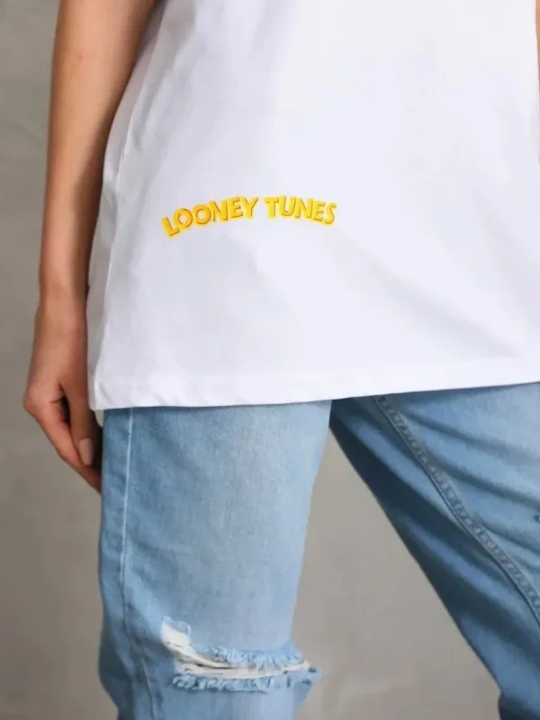 Női Fehér Oversize Kerékpár Nyakú Mintás Póló 3