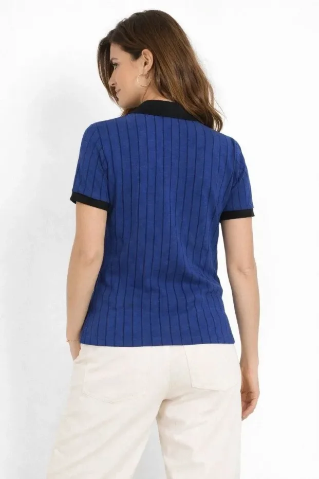 Women's Sax Blue Striped Polo Neck Short Sleeve Button T-Shirt 2