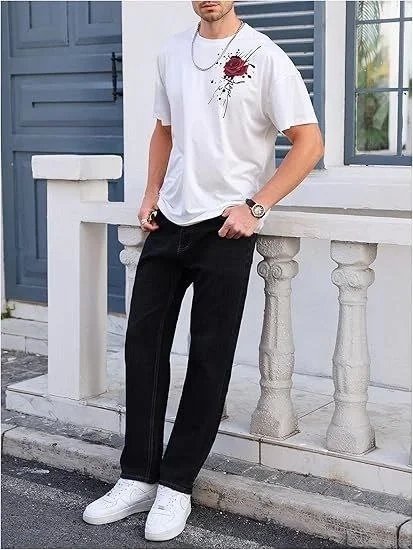 Tricou oversized pentru bărbați, alb, cu gât rotund, imprimat cu trandafir 4