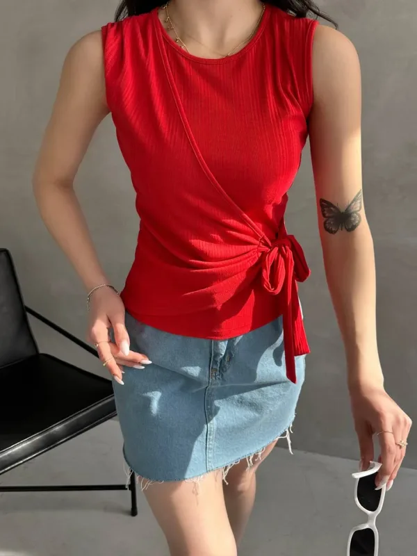 Strap Front Cross Tie Blouse Red 3