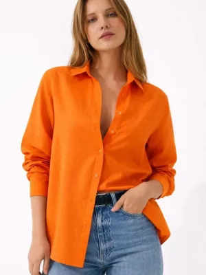 Women's Orange Classic Collar Buttoned Long Sleeve Daily Office Shirt