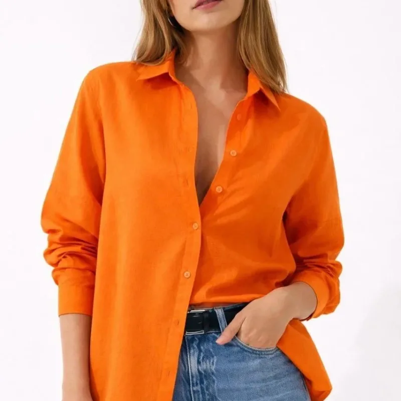 Women's Orange Classic Collar Buttoned Long Sleeve Daily Office Shirt