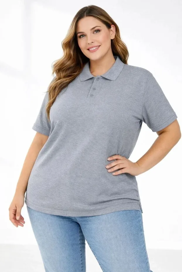 Kadın Gri Oversize Pike Kumaş Polo Yaka Kısa Kol Tişört 4