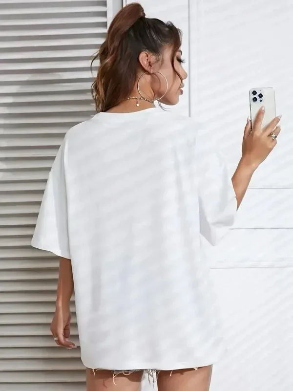 Женски бел oversize велосипед јака печатење маица 2