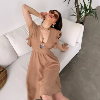 Bust Cutout Flounce Sleeve Dress Beige 2