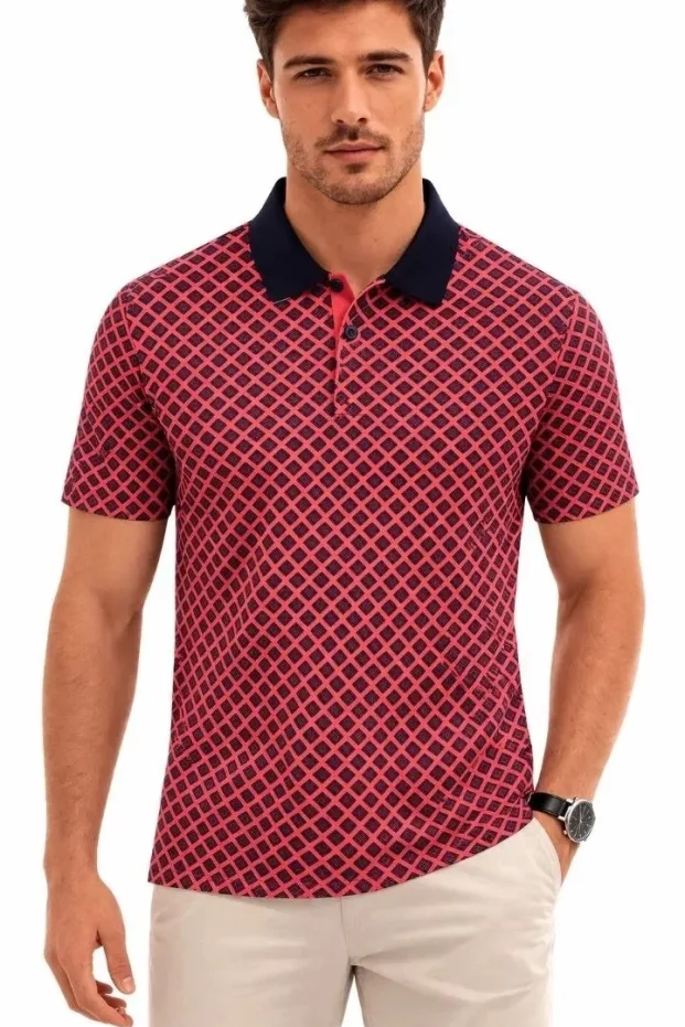 Erkek Kırmızı Pike Kumaş Polo Yaka Desenli Yazlık Tişört 2