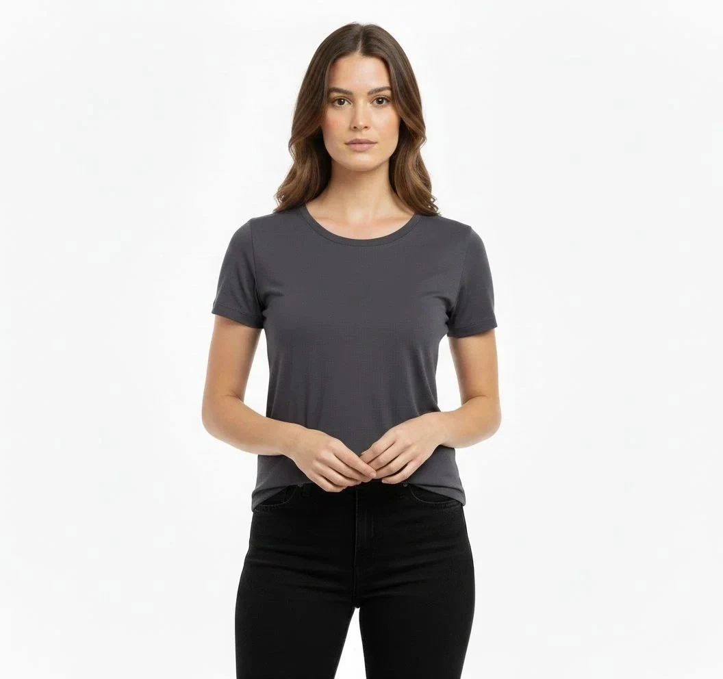 Femeie Tricou Basic Fum Slim Fit cu Guler Bicicletă, Elastan