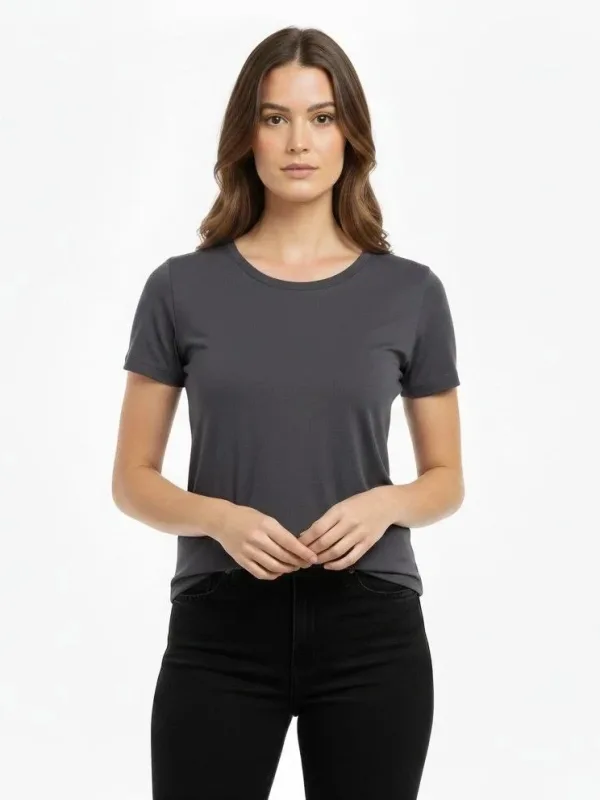 Femeie Tricou Basic Fum Slim Fit cu Guler Bicicletă, Elastan 1