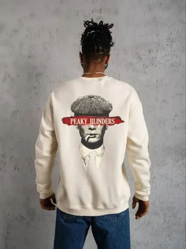 Férfi fehér oversized 3 szálas pamut kerékpáros nyakú nyomott sweatshirt