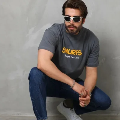 Tricou pentru bărbați, gri fumuriu, oversized, cu gât rotund, imprimat 3