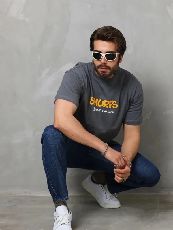 Tricou pentru bărbați, gri fumuriu, oversized, cu gât rotund, imprimat 3