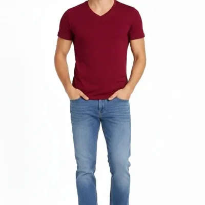 Pánské vínové slim fit tričko s V-výstřihem, strečové, s krátkým rukávem 2
