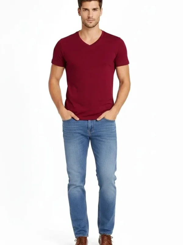 Pánské vínové slim fit tričko s V-výstřihem, strečové, s krátkým rukávem 2