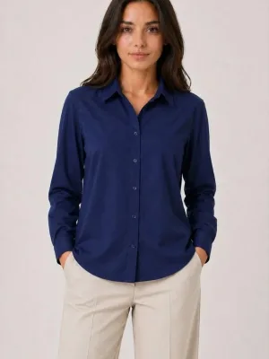 Women's Navy Blue Classic Collar Buttoned Long Sleeve Daily Office Shirt