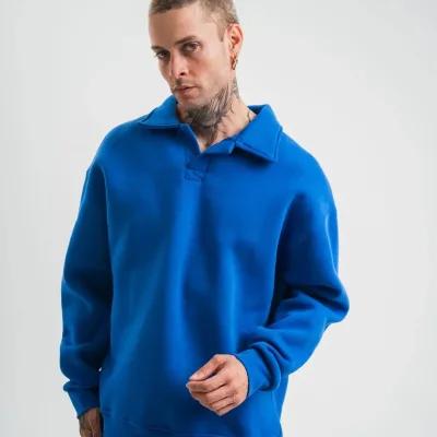 Kişi Göy Oversize 3 İplik Pambıqlı Açıq Yaxalı Sviter 4