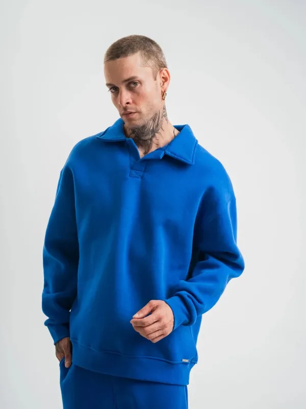 Kişi Göy Oversize 3 İplik Pambıqlı Açıq Yaxalı Sviter 4