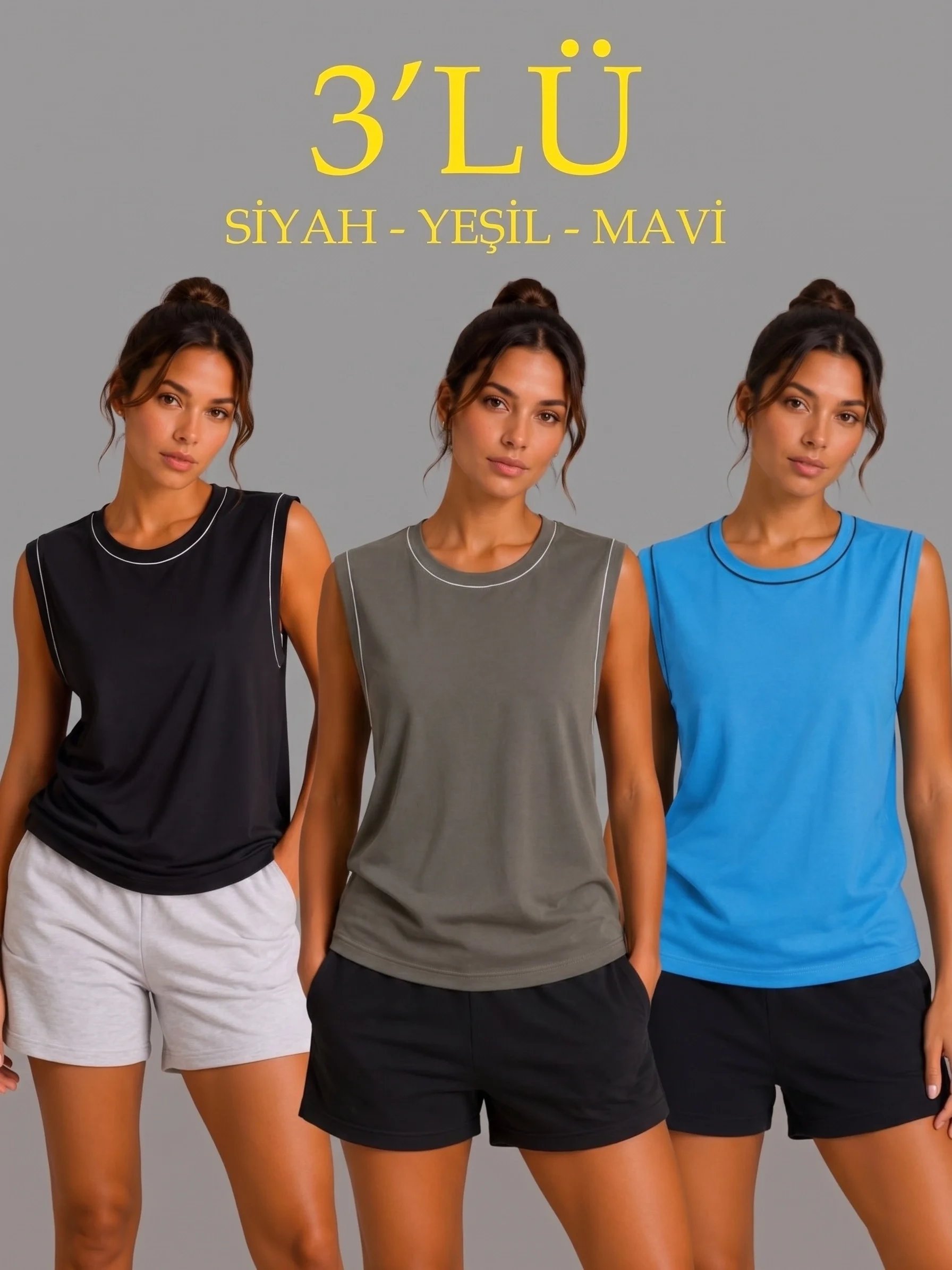 Kadın 3'lü Set Bisiklet Yaka Kolsuz Sporcu Atlet