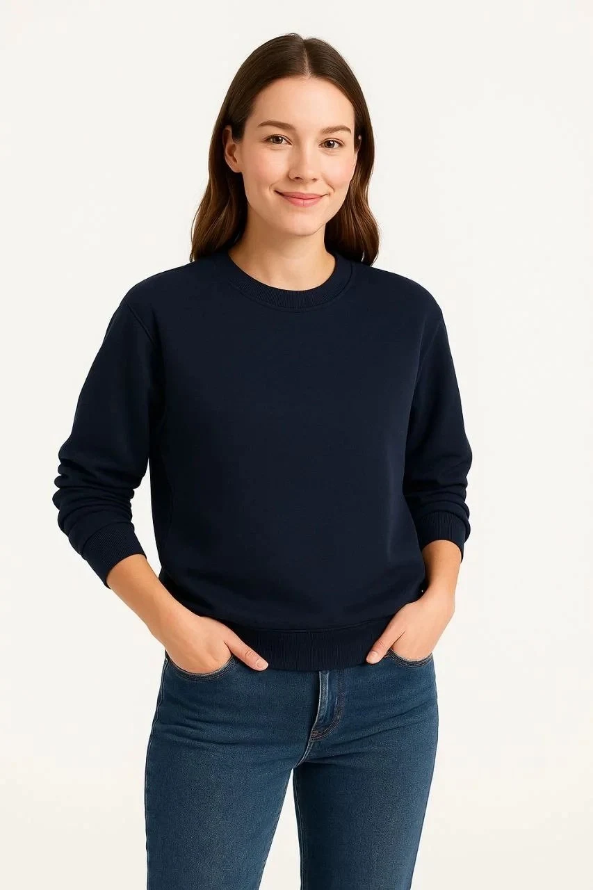 Women's Navy 3-Thread Cotton Crew Neck Sweatshirt