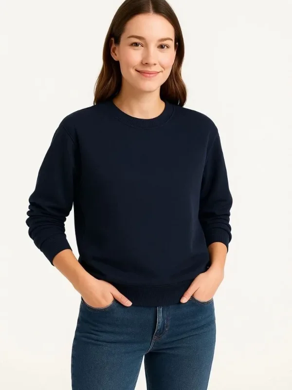Women's Navy 3-Thread Cotton Crew Neck Sweatshirt 1