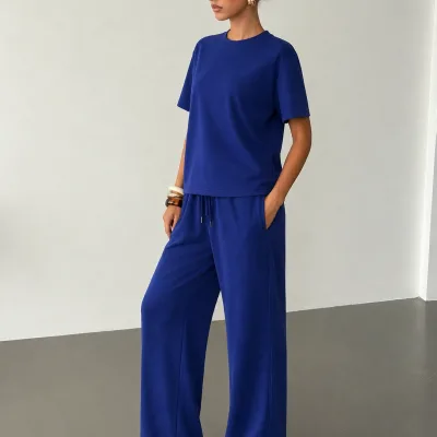 Kadın Lacivert Oversize Soft Modal Kumaş Kısa Kollu Bluz Pantolon Takım 3
