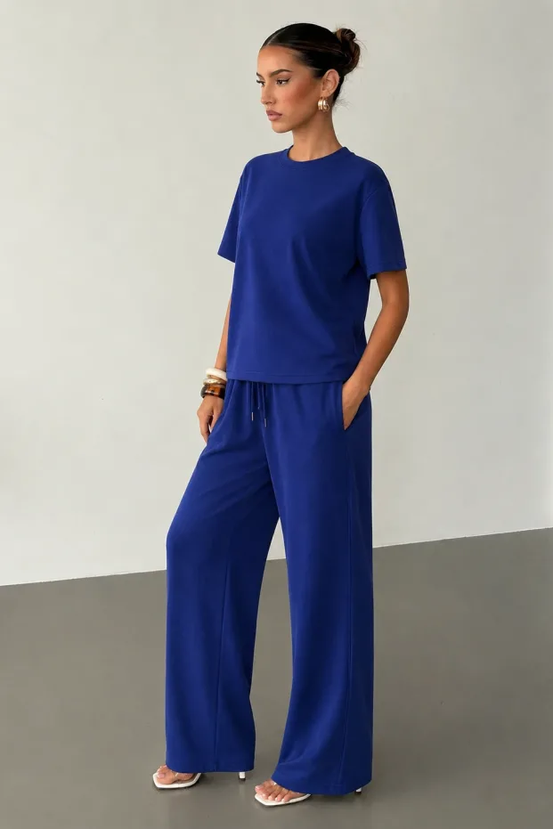 Kadın Lacivert Oversize Soft Modal Kumaş Kısa Kollu Bluz Pantolon Takım 3
